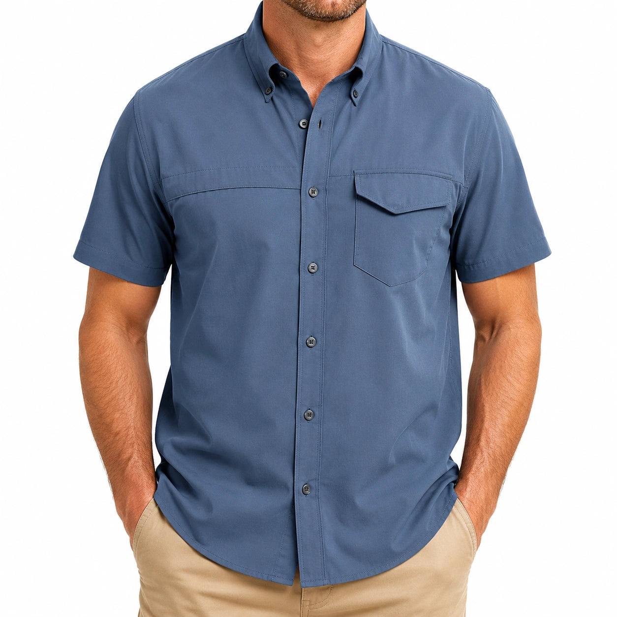 Camicia uomo M in tessuto blu a maniche corte con taschino stile casual