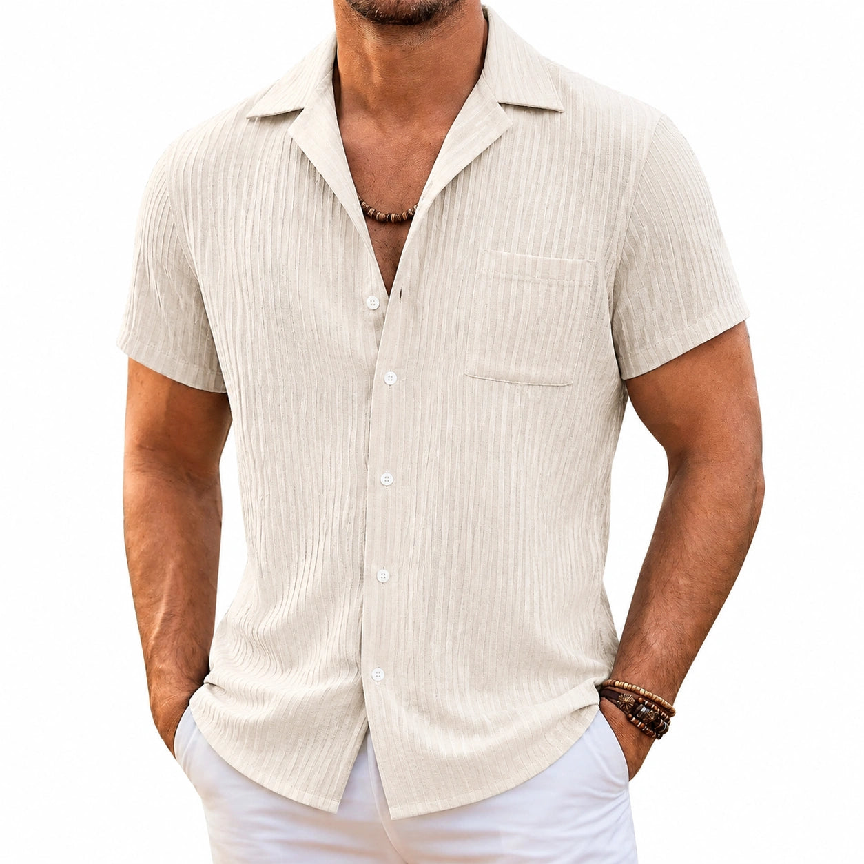 Camicia da uomo M in tessuto beige a righe con maniche corte stile casual