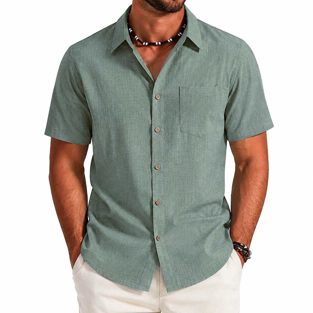 Camicia uomo taglia L in lino verde salvia a maniche corte