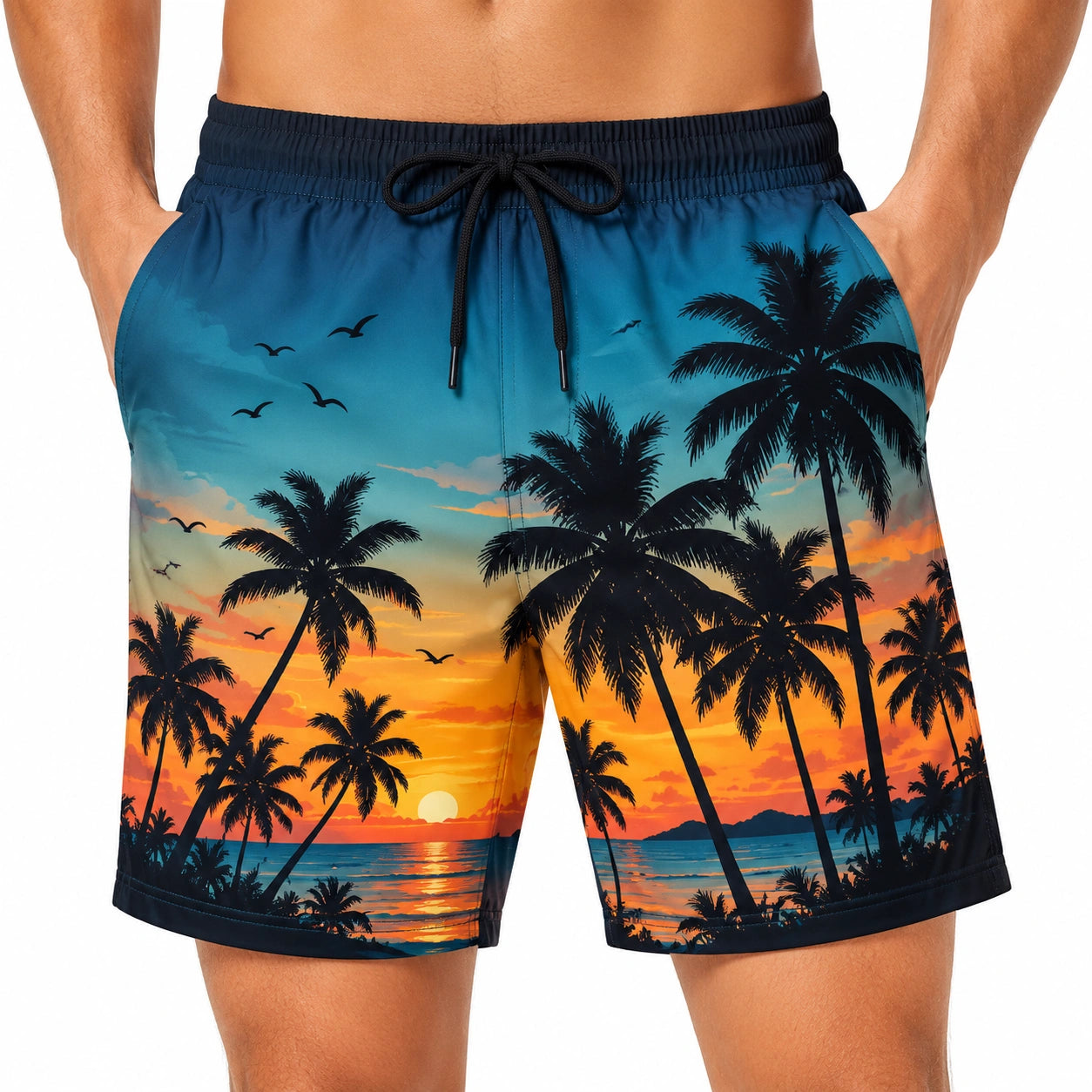 Costume da bagno uomo taglia M con stampa palme blu arancione
