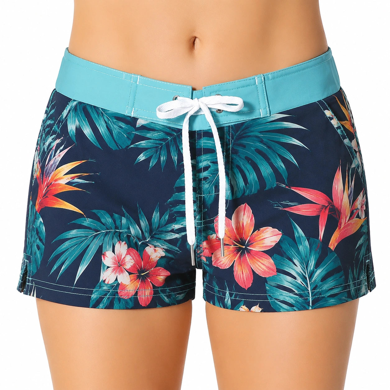 Pantaloncini da bagno donna M in tessuto sintetico blu con stampa tropicale e coulisse