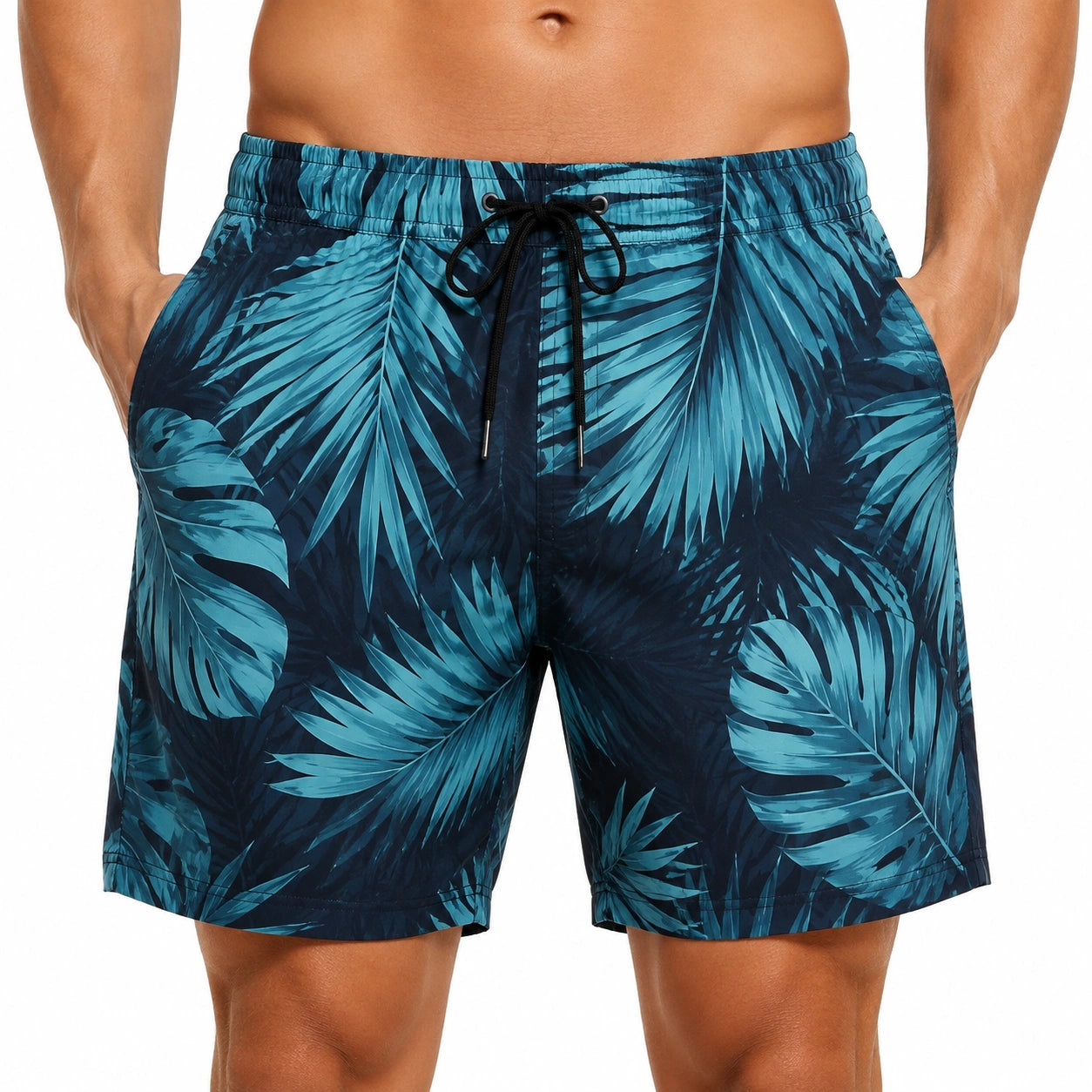 Costume da bagno uomo taglia L in tessuto sintetico blu scuro e turchese con stampa tropicale