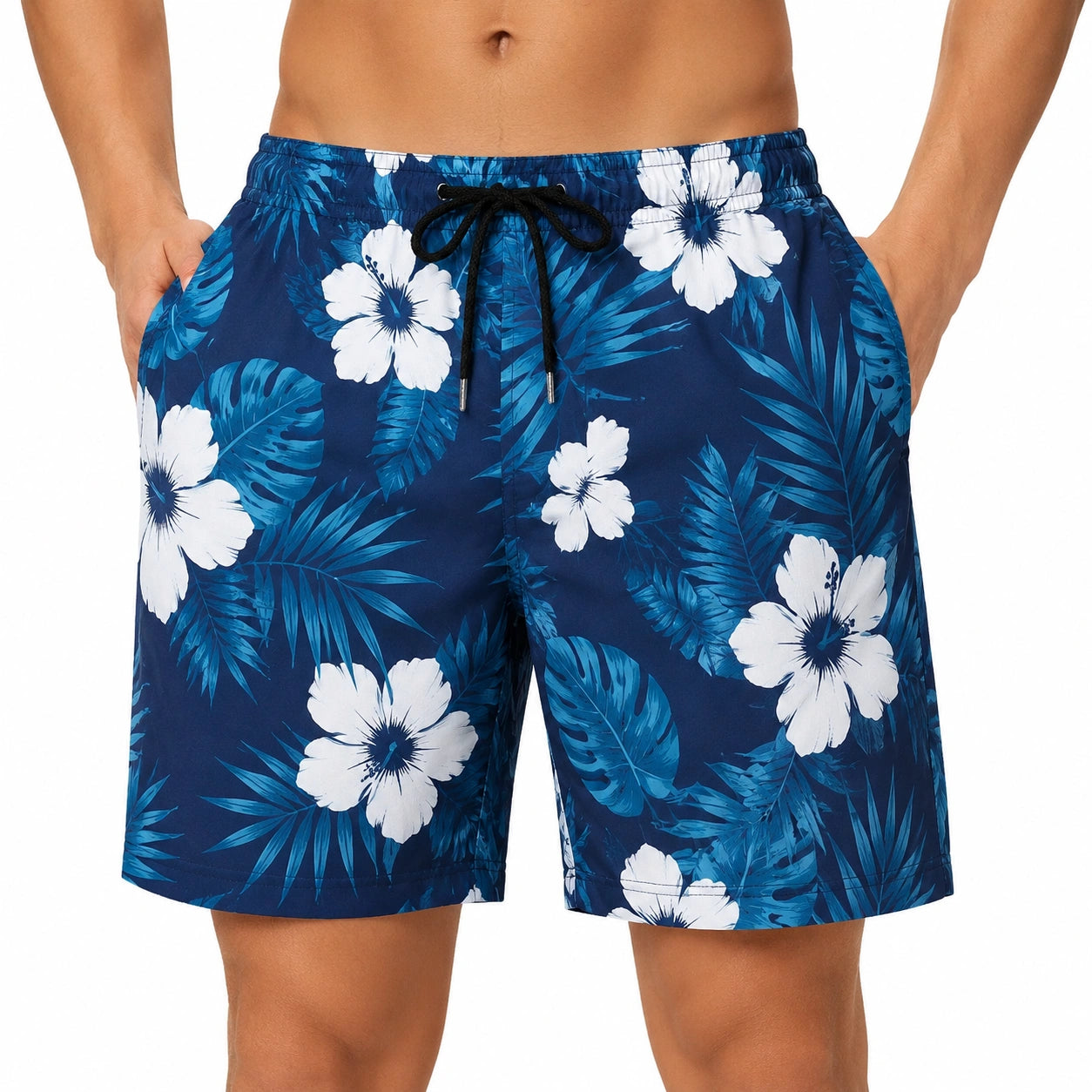 Costume da bagno uomo L in tessuto sintetico blu a fantasia floreale con tasche e coulisse