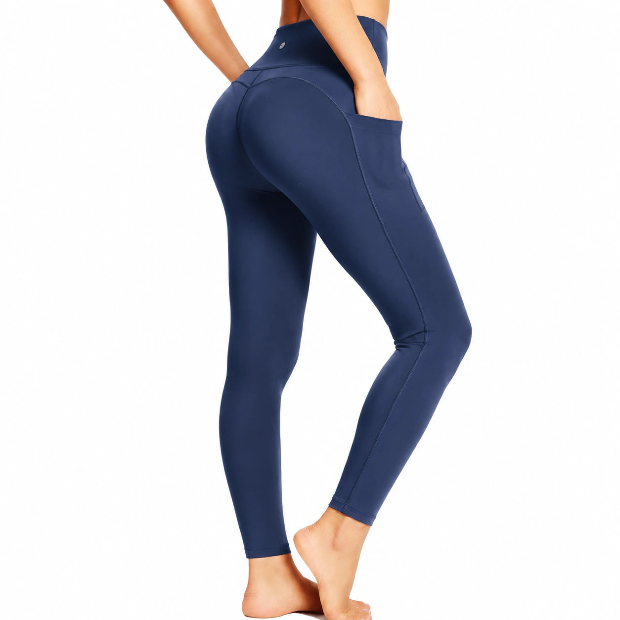 Leggings donna S in tessuto elasticizzato blu navy - vita alta con tasche laterali