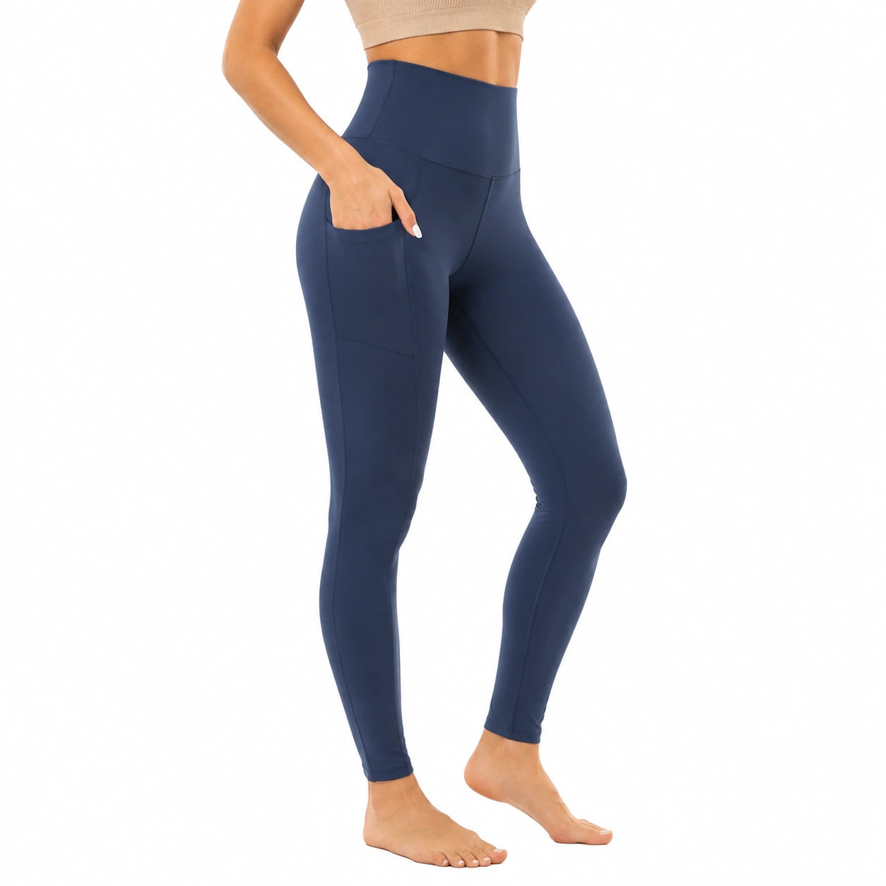 Leggings sportivi donna taglia S in tessuto elasticizzato blu navy a vita alta con tasca laterale