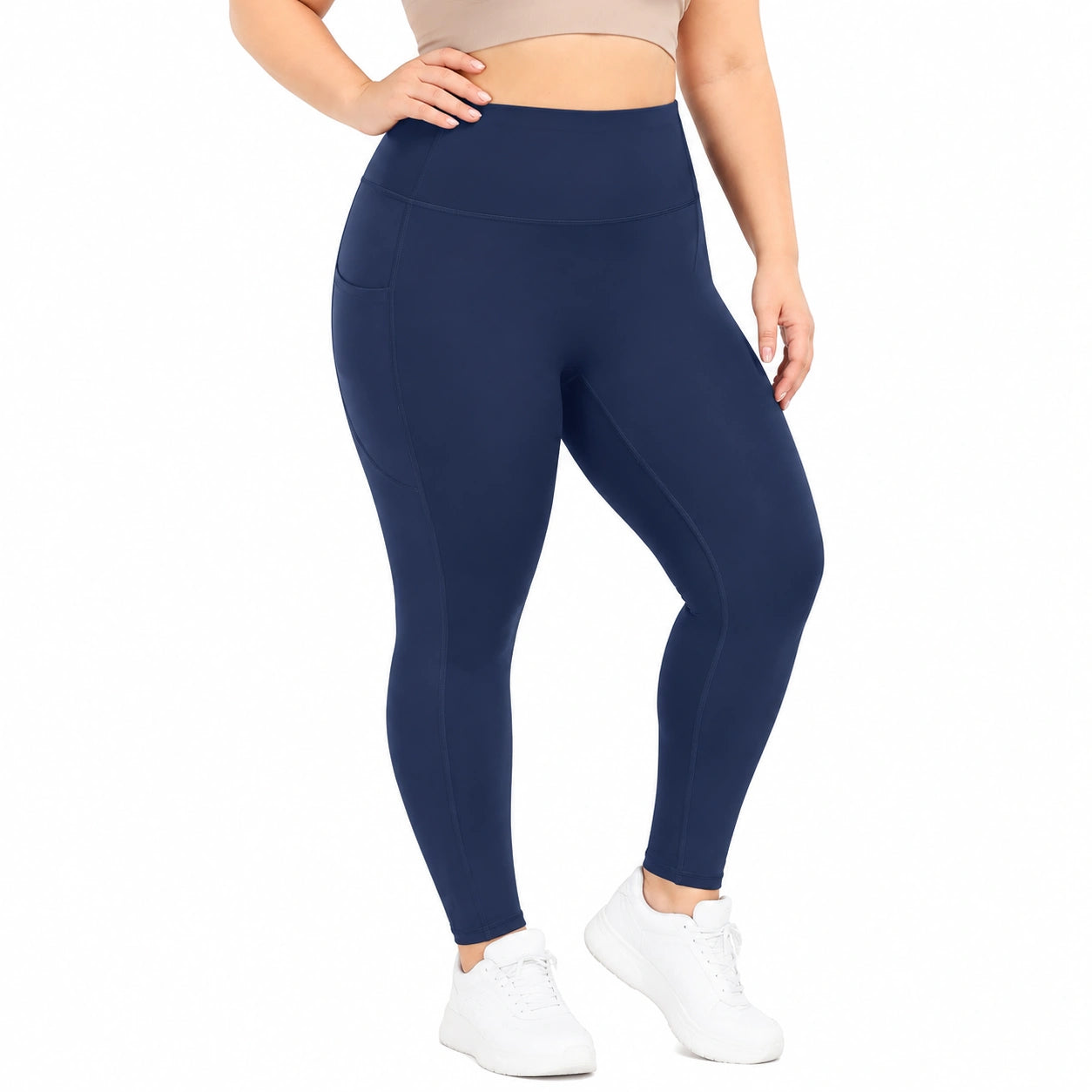Leggings sportivi da donna taglia M blu navy in tessuto elasticizzato a vita alta con tasca laterale
