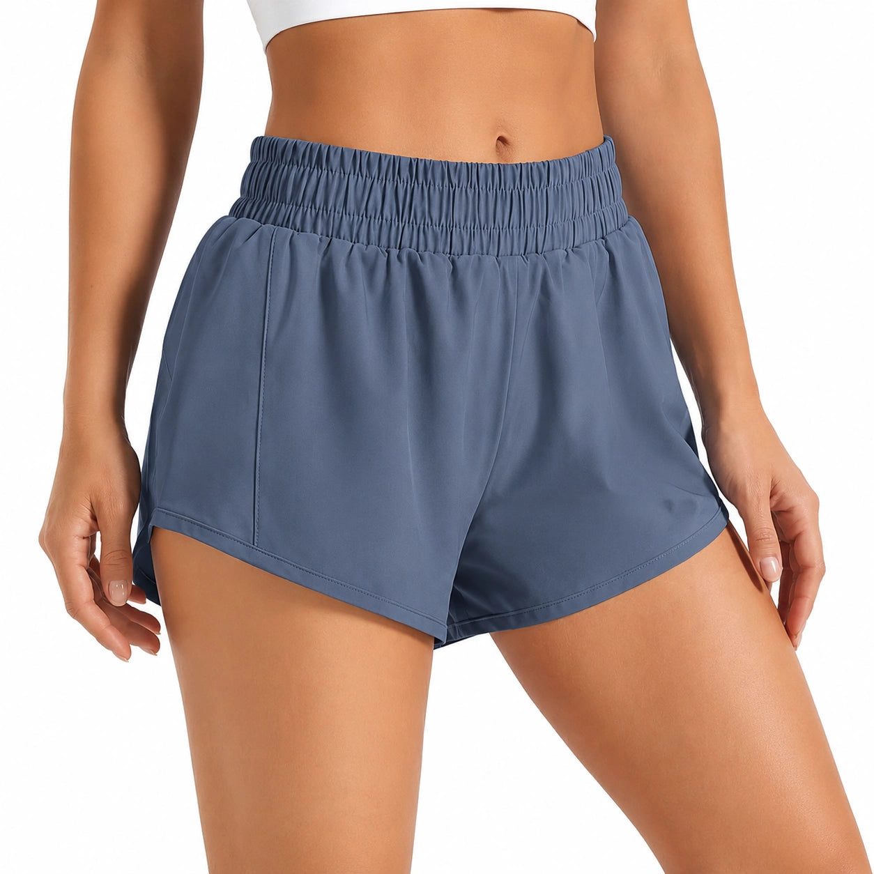 Shorts donna taglia S in tessuto blu ardesia - vita alta elasticizzata per attività sportive