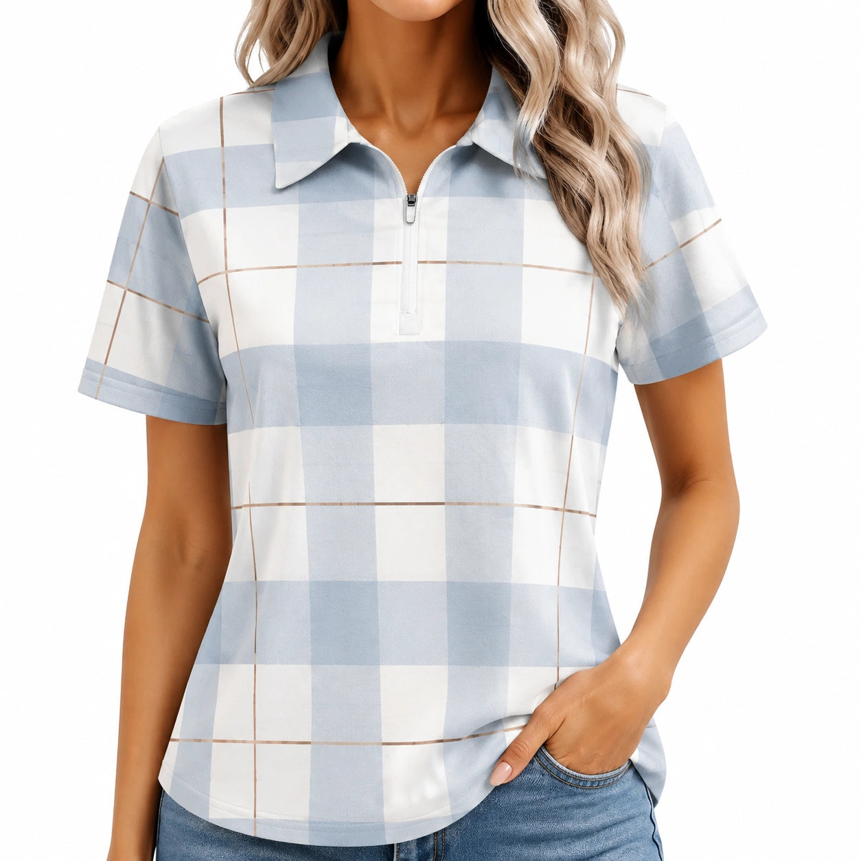 Polo da donna taglia S in tessuto leggero azzurro e bianco a quadri con zip