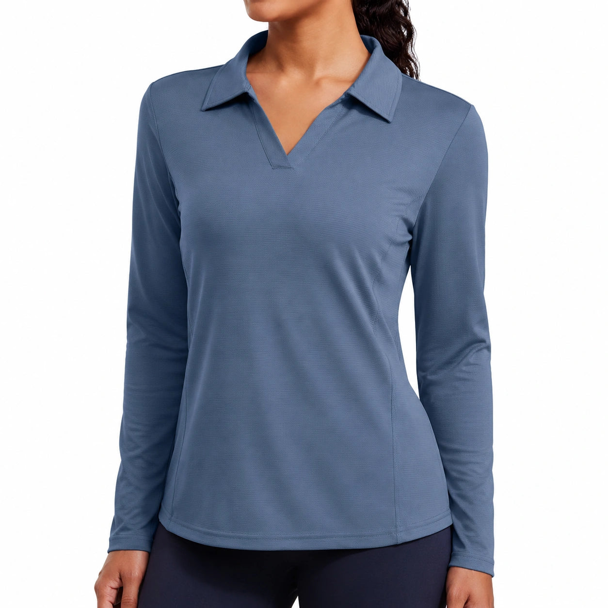 Polo donna taglia S blu acciaio in tessuto elasticizzato a maniche lunghe