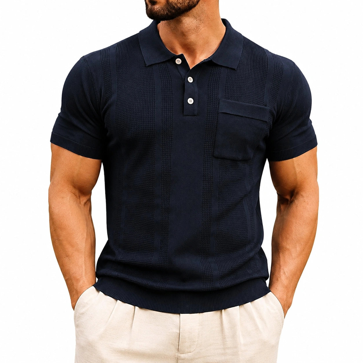 Polo uomo L in maglia blu navy a maniche corte con taschino