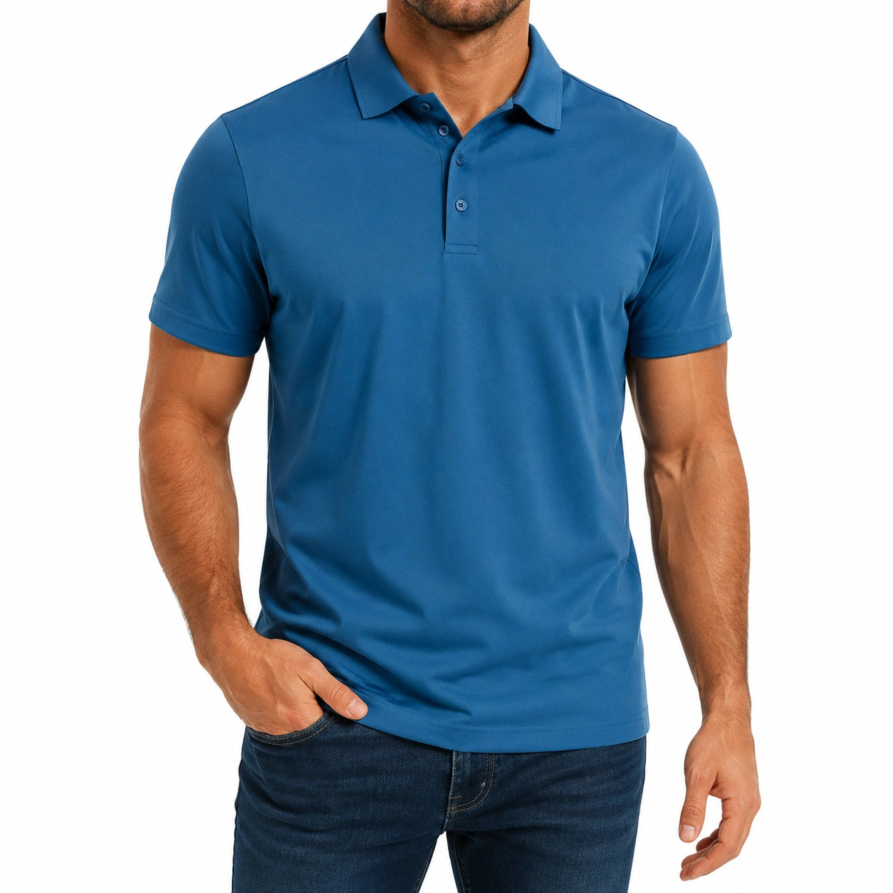 Polo uomo taglia L in tessuto sintetico blu a maniche corte stile casual
