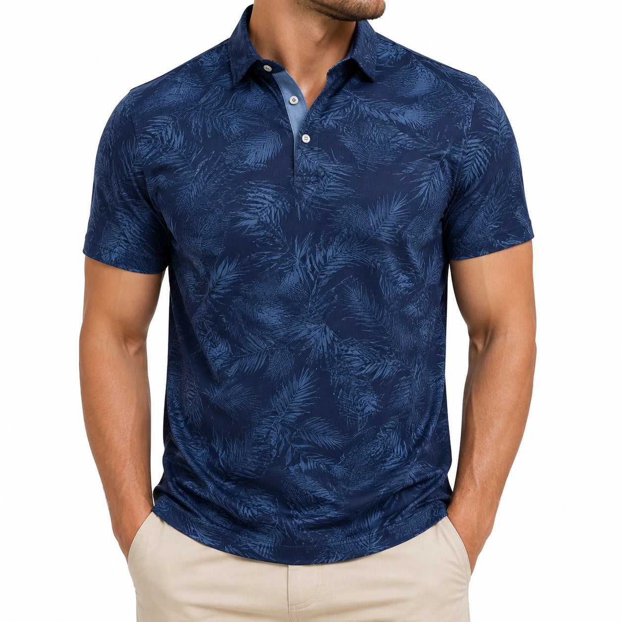 Polo da uomo taglia L in tessuto blu con stampa foglie - maniche corte casual
