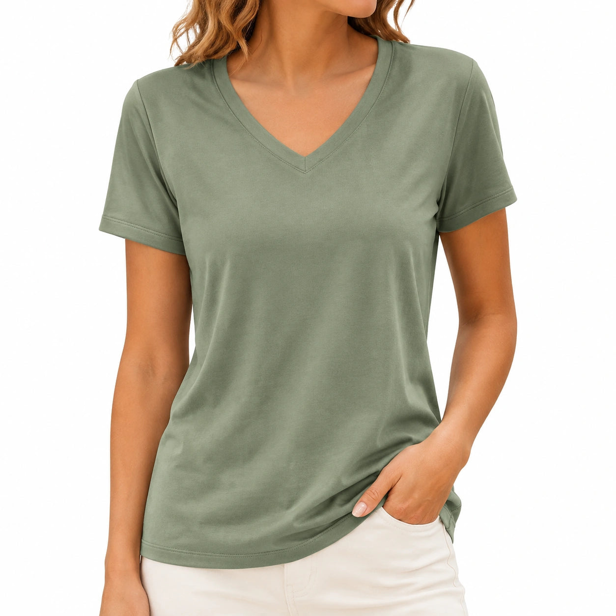 T-shirt donna taglia S in tessuto verde salvia - scollo a V manica corta