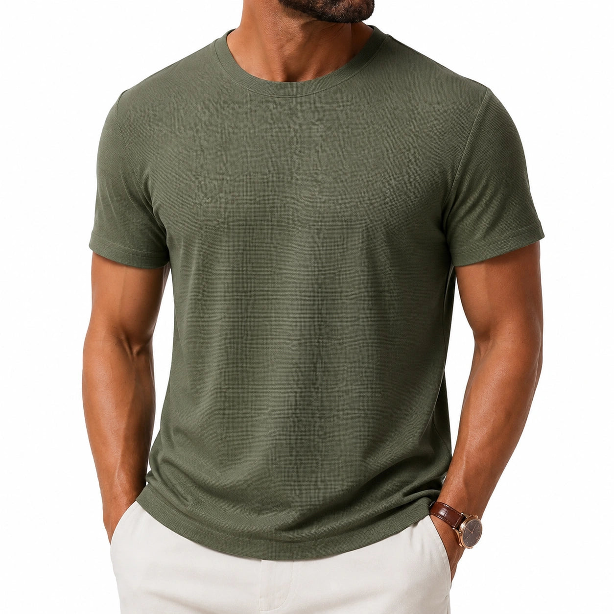 T-shirt uomo M in tessuto a maglia verde oliva - manica corta girocollo casual