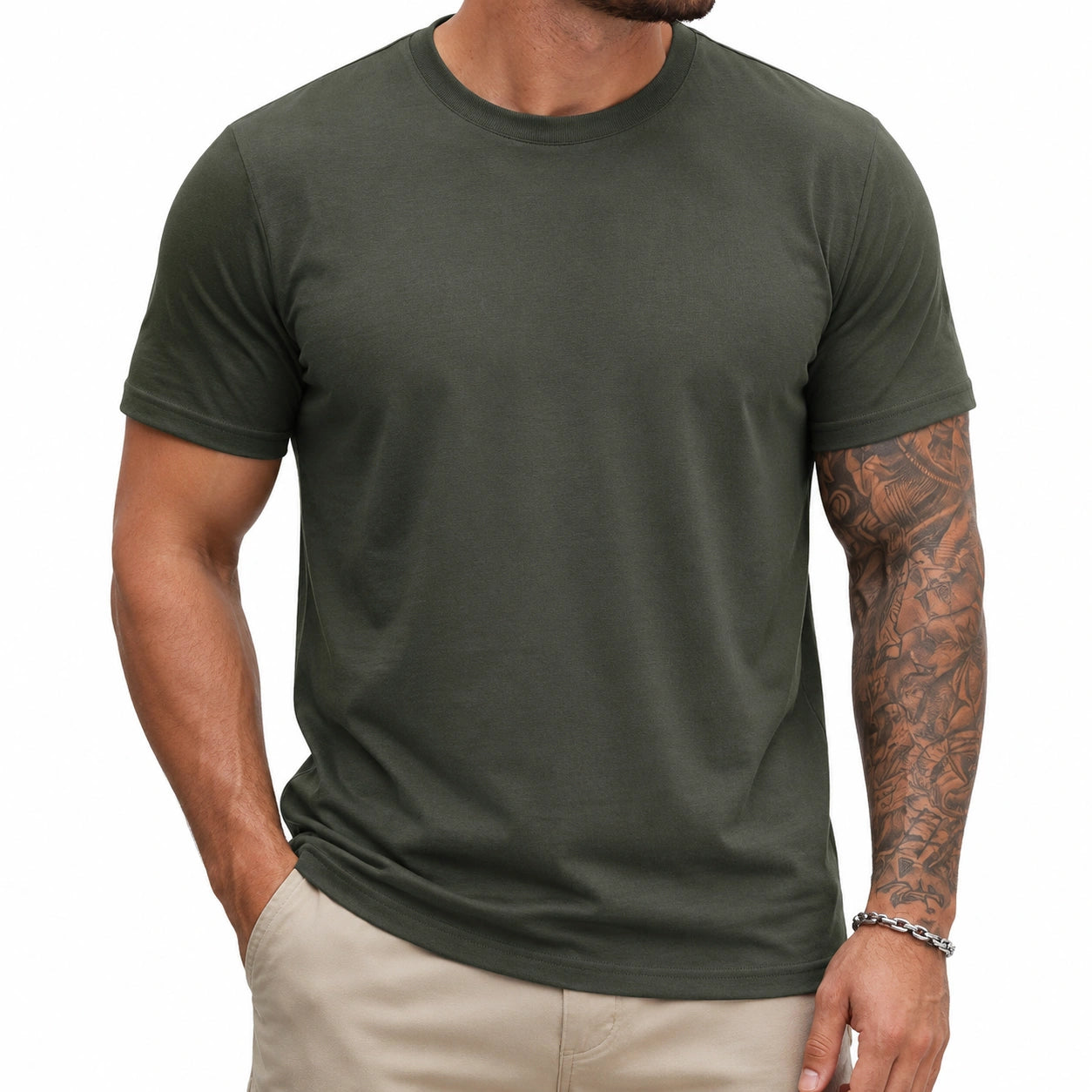T-shirt uomo M in tessuto verde scuro a maniche corte girocollo casual