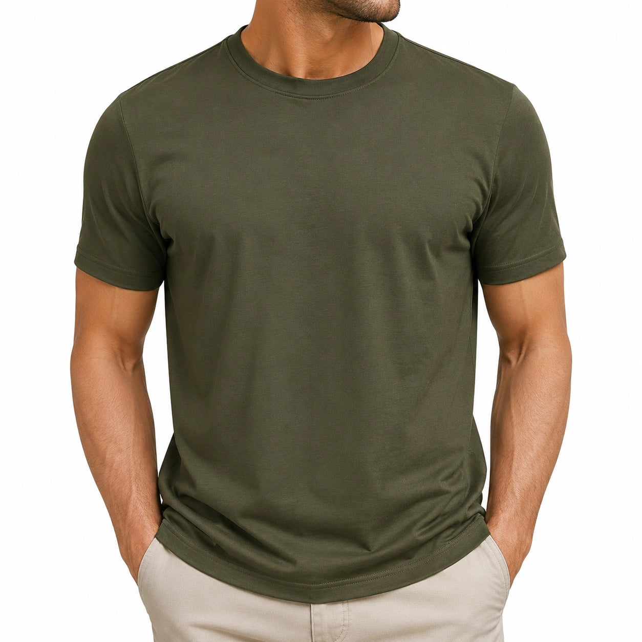 T-shirt uomo L verde oliva in tessuto a manica corta girocollo tinta unita